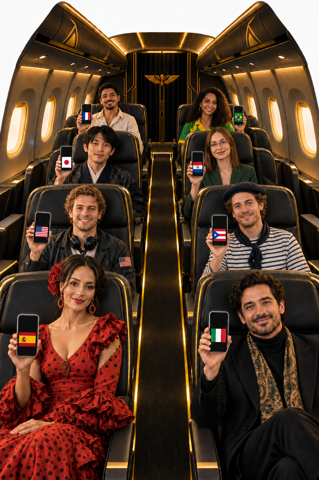 An elegant black-and-gold airplane cabin with eight passengers holding phones that show flags. From back to front, the rows show Puerto Rico and Brazil, Japan and Paraguay, the United States and France, then Spain and Italy. In the second row from the back, on the viewer’s right, a woman with auburn hair, glasses, and a forest-green blazer holds a phone displaying Paraguay’s red, white, and blue flag with its emblem in the center. The front-left passenger wears a red flamenco dress.